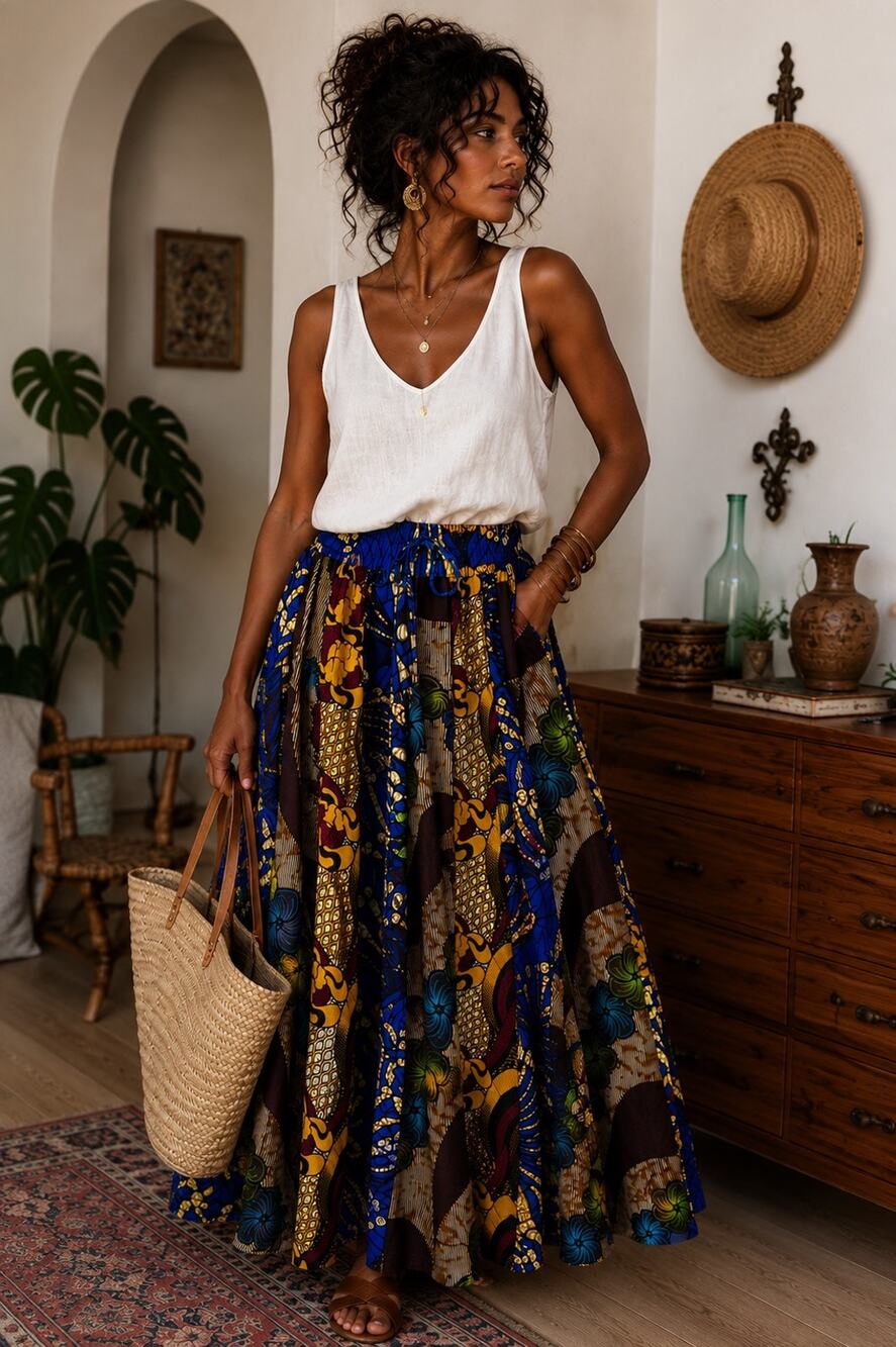 VTG Afrocentric Patchwork Maxi Skirt XL Drawstring Pull On Rayon Boho Festival